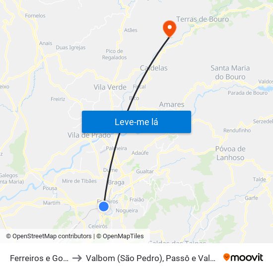 Ferreiros e Gondizalves to Valbom (São Pedro), Passô e Valbom (São Martinho) map