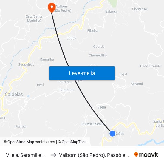 Vilela, Seramil e Paredes Secas to Valbom (São Pedro), Passô e Valbom (São Martinho) map