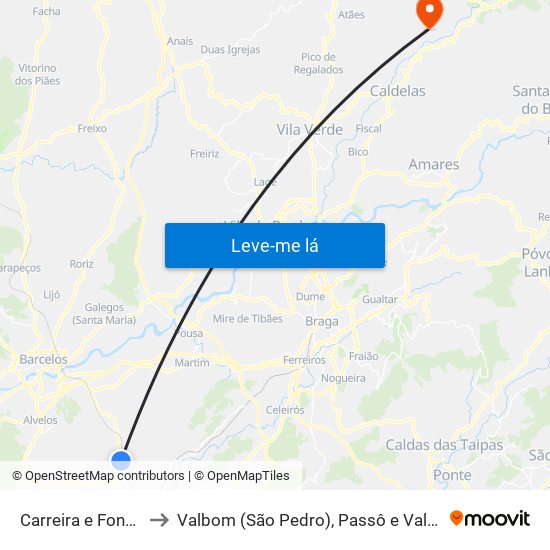 Carreira e Fonte Coberta to Valbom (São Pedro), Passô e Valbom (São Martinho) map