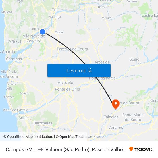 Campos e Vila Meã to Valbom (São Pedro), Passô e Valbom (São Martinho) map