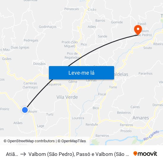 Atiães to Valbom (São Pedro), Passô e Valbom (São Martinho) map