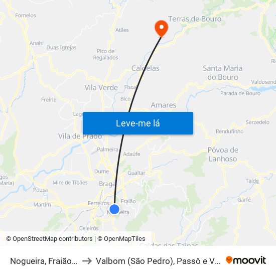 Nogueira, Fraião e Lamaçães to Valbom (São Pedro), Passô e Valbom (São Martinho) map