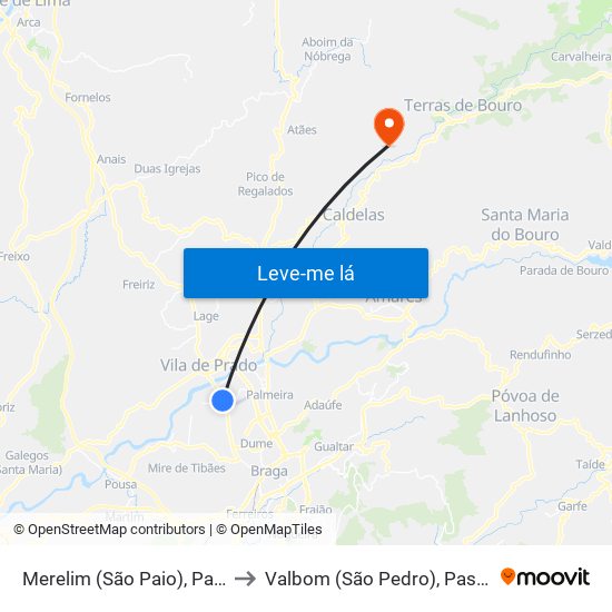 Merelim (São Paio), Panoias e Parada de Tibães to Valbom (São Pedro), Passô e Valbom (São Martinho) map