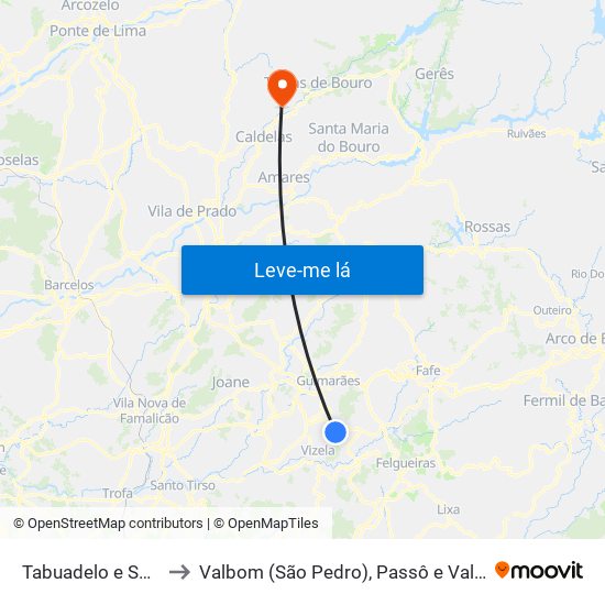 Tabuadelo e São Faustino to Valbom (São Pedro), Passô e Valbom (São Martinho) map