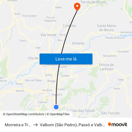 Morreira e Trandeiras to Valbom (São Pedro), Passô e Valbom (São Martinho) map