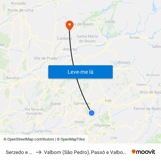 Serzedo e Calvos to Valbom (São Pedro), Passô e Valbom (São Martinho) map