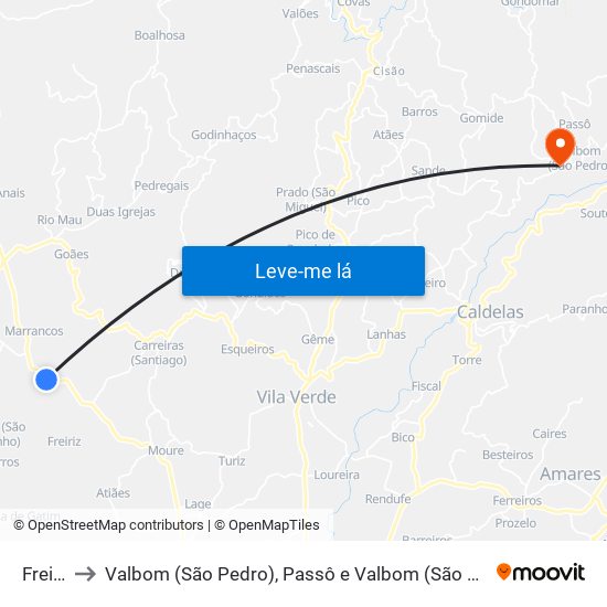 Freiriz to Valbom (São Pedro), Passô e Valbom (São Martinho) map