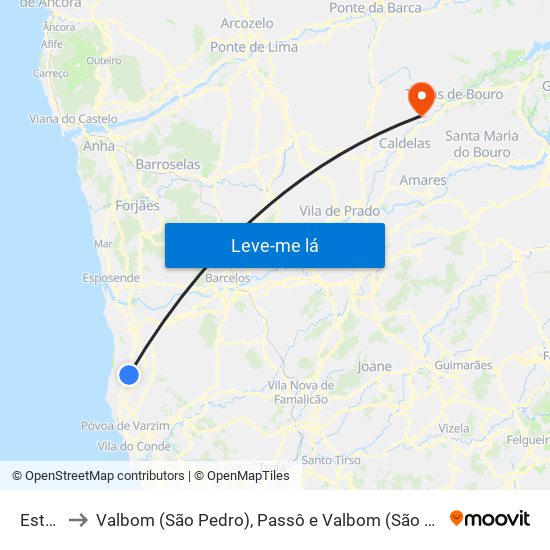 Estela to Valbom (São Pedro), Passô e Valbom (São Martinho) map