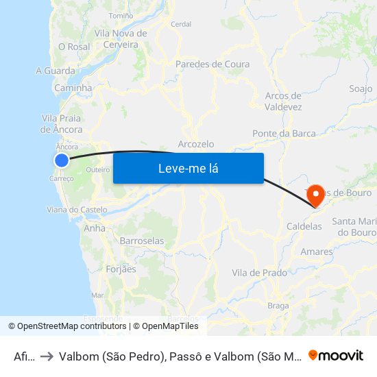 Afife to Valbom (São Pedro), Passô e Valbom (São Martinho) map