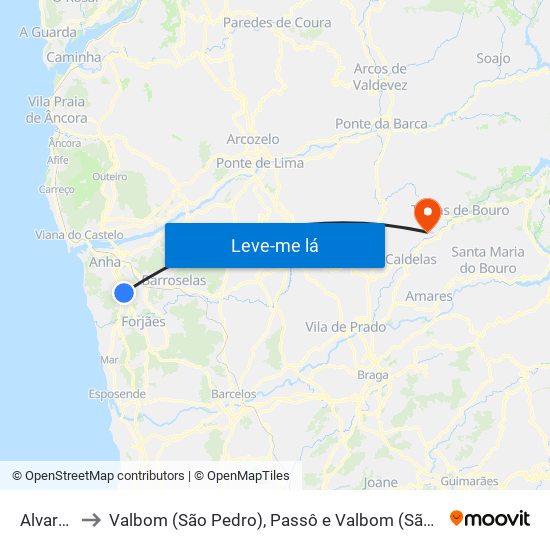 Alvarães to Valbom (São Pedro), Passô e Valbom (São Martinho) map