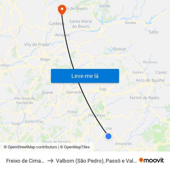 Freixo de Cima e de Baixo to Valbom (São Pedro), Passô e Valbom (São Martinho) map