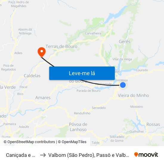 Caniçada e Soengas to Valbom (São Pedro), Passô e Valbom (São Martinho) map