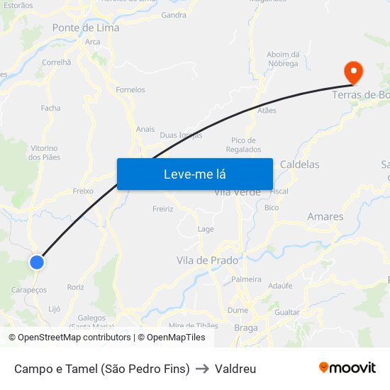 Campo e Tamel (São Pedro Fins) to Valdreu map