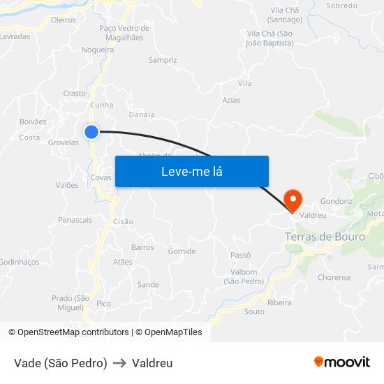 Vade (São Pedro) to Valdreu map