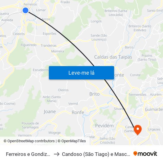 Ferreiros e Gondizalves to Candoso (São Tiago) e Mascotelos map