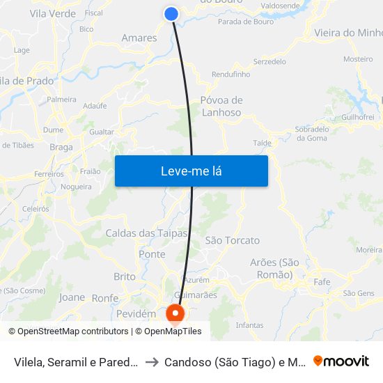 Vilela, Seramil e Paredes Secas to Candoso (São Tiago) e Mascotelos map