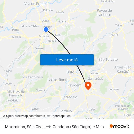 Maximinos, Sé e Cividade to Candoso (São Tiago) e Mascotelos map