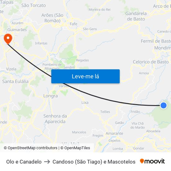 Olo e Canadelo to Candoso (São Tiago) e Mascotelos map