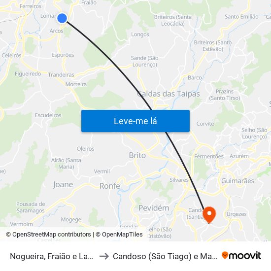 Nogueira, Fraião e Lamaçães to Candoso (São Tiago) e Mascotelos map