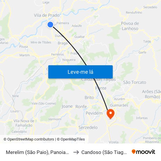 Merelim (São Paio), Panoias e Parada de Tibães to Candoso (São Tiago) e Mascotelos map