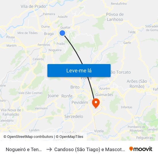 Nogueiró e Tenões to Candoso (São Tiago) e Mascotelos map