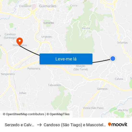 Serzedo e Calvos to Candoso (São Tiago) e Mascotelos map