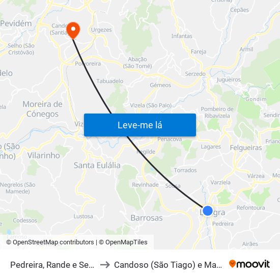 Pedreira, Rande e Sernande to Candoso (São Tiago) e Mascotelos map