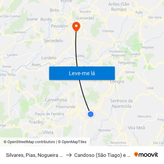 Silvares, Pias, Nogueira e Alvarenga to Candoso (São Tiago) e Mascotelos map