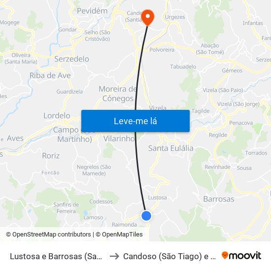 Lustosa e Barrosas (Santo Estêvão) to Candoso (São Tiago) e Mascotelos map