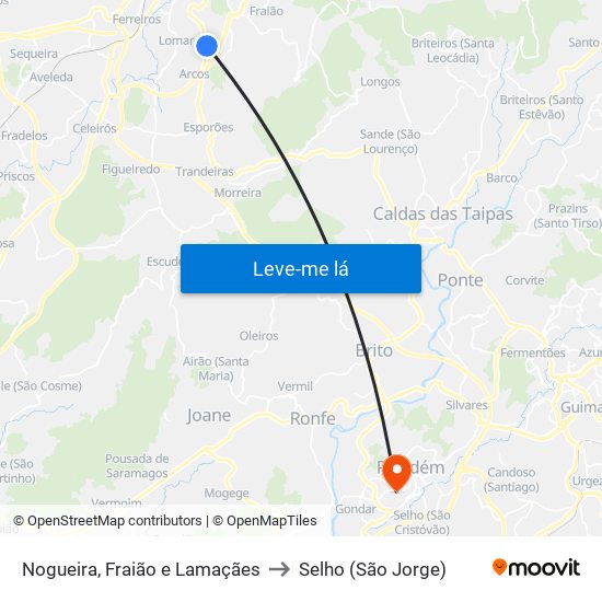 Nogueira, Fraião e Lamaçães to Selho (São Jorge) map