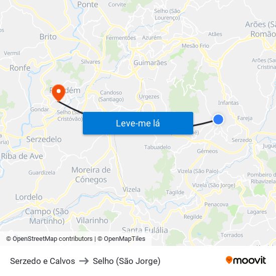 Serzedo e Calvos to Selho (São Jorge) map