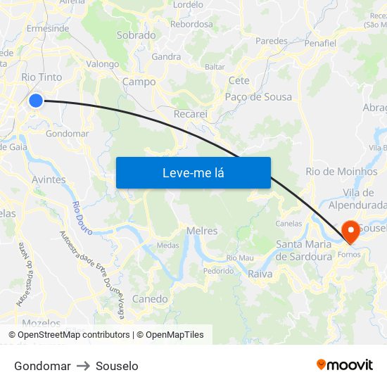 Gondomar to Souselo map