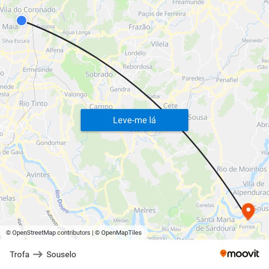 Trofa to Souselo map