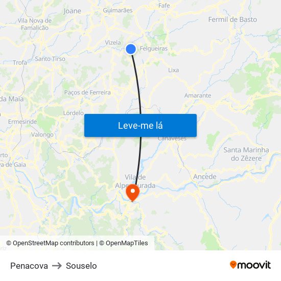Penacova to Souselo map