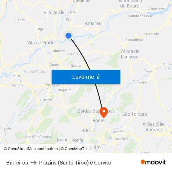 Barreiros to Prazins (Santo Tirso) e Corvite map