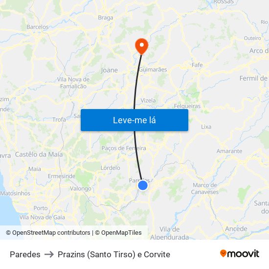 Paredes to Prazins (Santo Tirso) e Corvite map