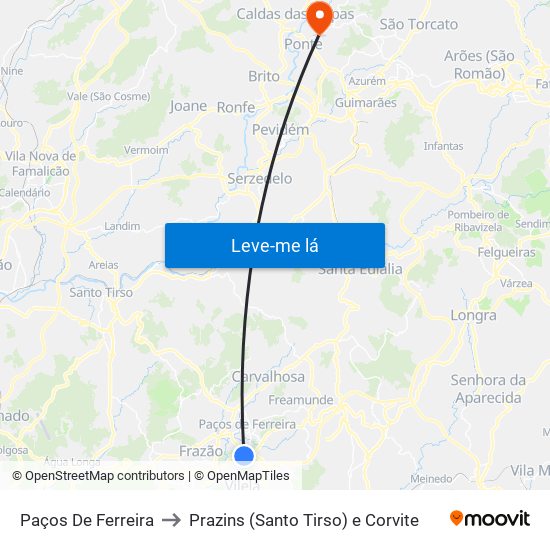 Paços De Ferreira to Prazins (Santo Tirso) e Corvite map