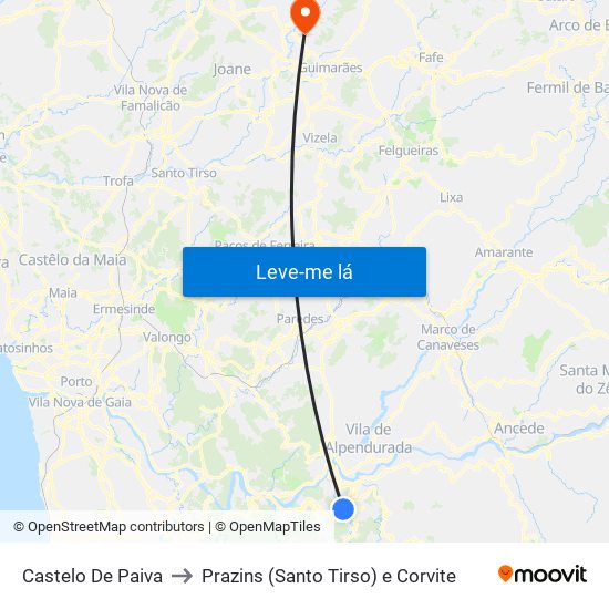 Castelo De Paiva to Prazins (Santo Tirso) e Corvite map