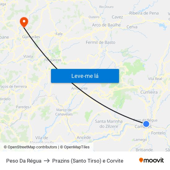 Peso Da Régua to Prazins (Santo Tirso) e Corvite map