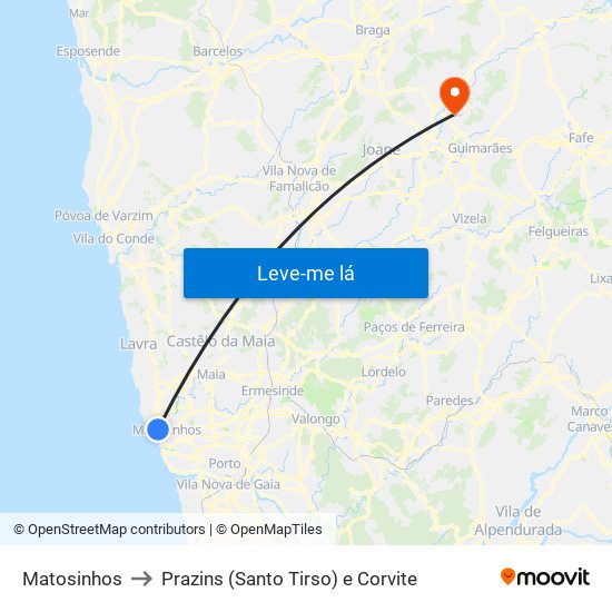 Matosinhos to Prazins (Santo Tirso) e Corvite map