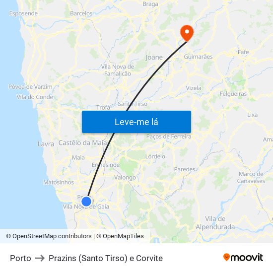 Porto to Prazins (Santo Tirso) e Corvite map