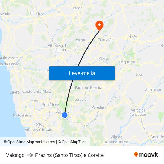 Valongo to Prazins (Santo Tirso) e Corvite map
