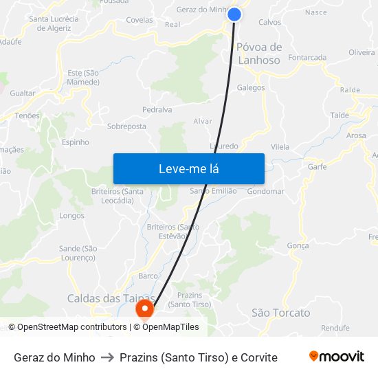 Geraz do Minho to Prazins (Santo Tirso) e Corvite map