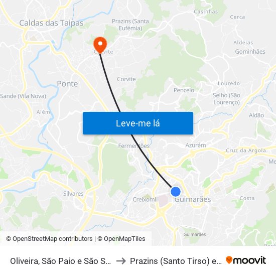 Oliveira, São Paio e São Sebastião to Prazins (Santo Tirso) e Corvite map