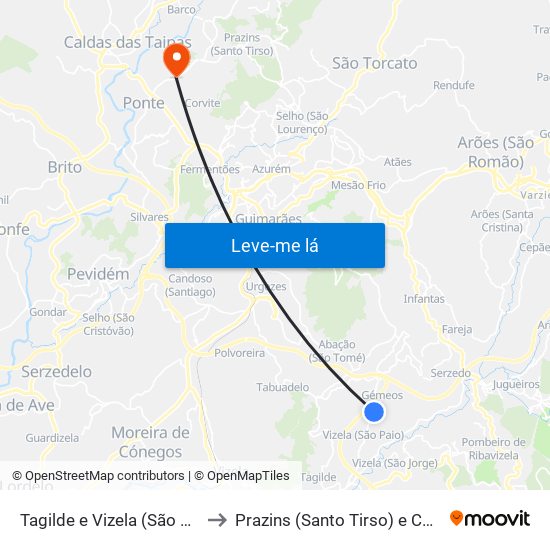 Tagilde e Vizela (São Paio) to Prazins (Santo Tirso) e Corvite map