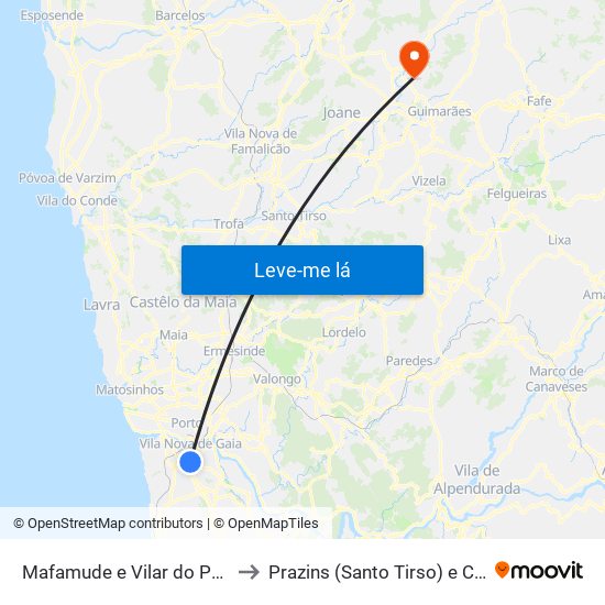 Mafamude e Vilar do Paraíso to Prazins (Santo Tirso) e Corvite map