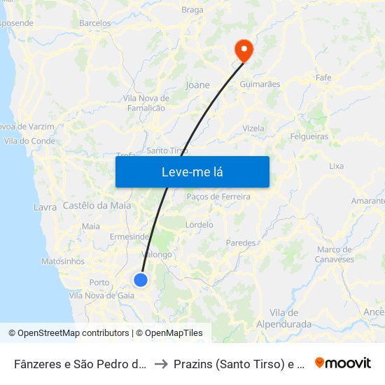 Fânzeres e São Pedro da Cova to Prazins (Santo Tirso) e Corvite map