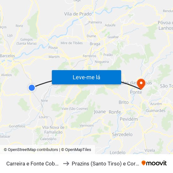 Carreira e Fonte Coberta to Prazins (Santo Tirso) e Corvite map