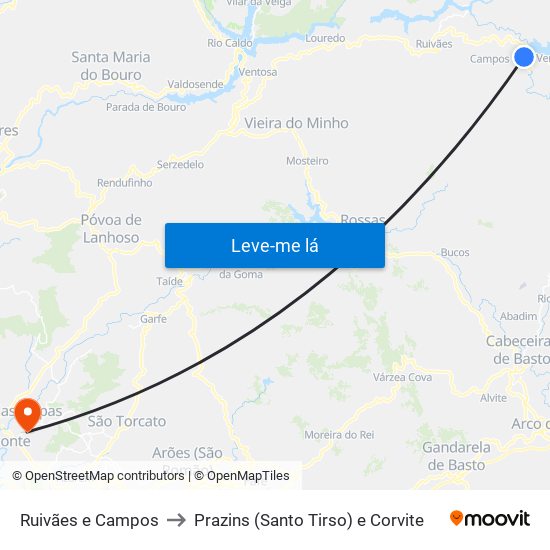 Ruivães e Campos to Prazins (Santo Tirso) e Corvite map