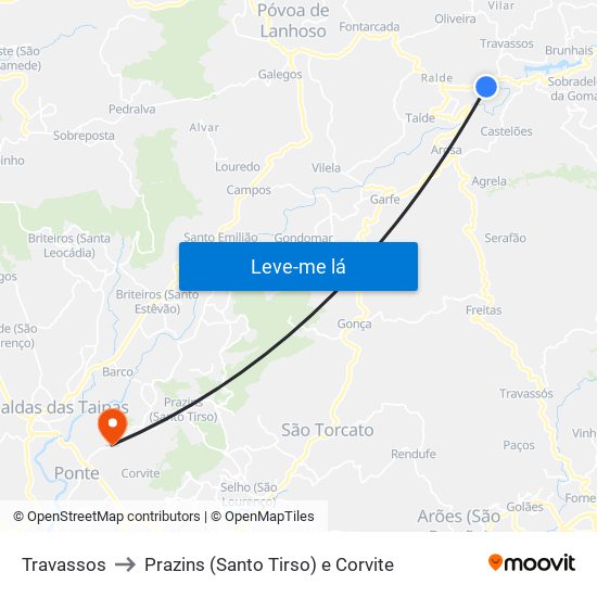 Travassos to Prazins (Santo Tirso) e Corvite map